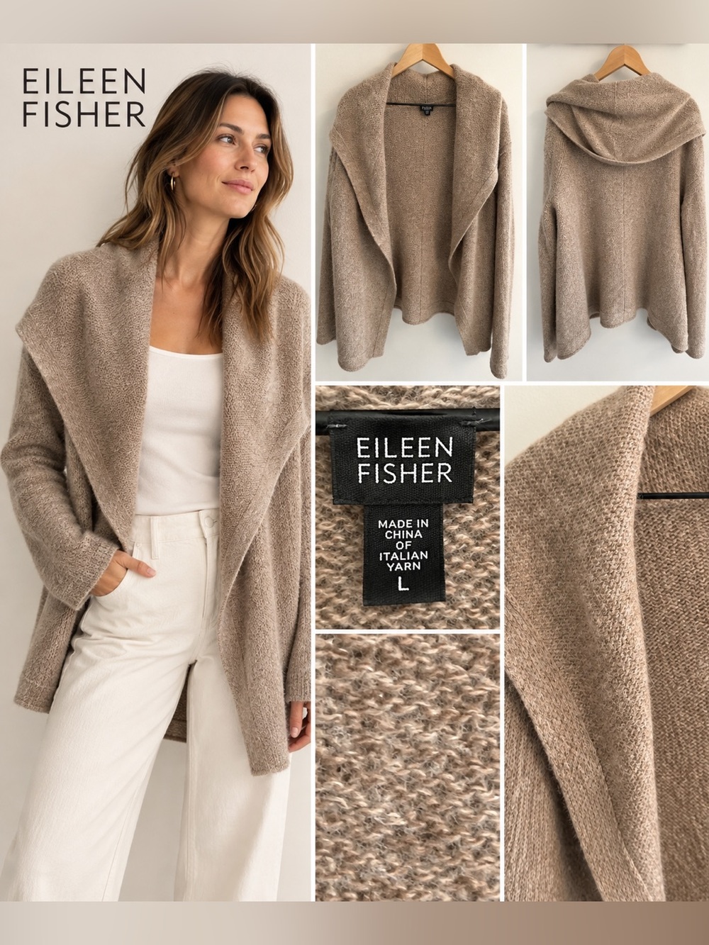 Eileen Fisher Large Taupe Brushed Knit Open Front Shawl Collar Cardigan Italian